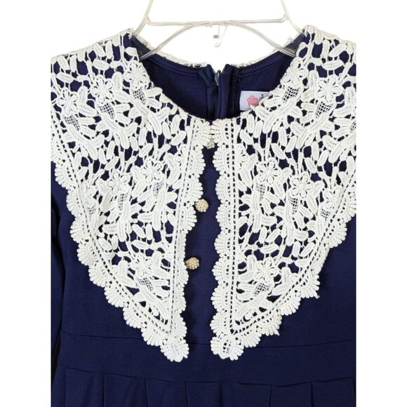 Happy Rose Girls size 10 Navy Cotton Knit Dress Crouched Lace Collar Stunning - Picture 6 of 14